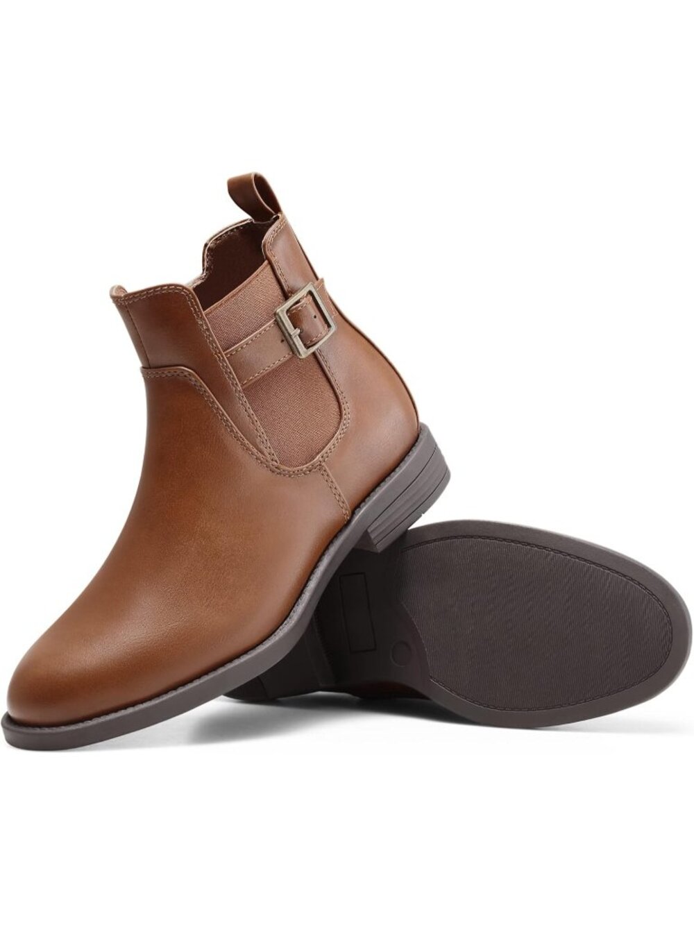 Women's Light Brown Leather Chelsea Ankle Boots Side Elastic Zip Casual Booties - Picture 6 of 7